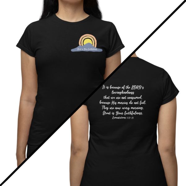 black t-shirt with a sunrise graphic on the front and Lamentations 3:22-23 on the back