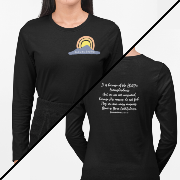 black long sleeve t-shirt with a sunrise graphic on the front and Lamentations 3:22-23 on the back
