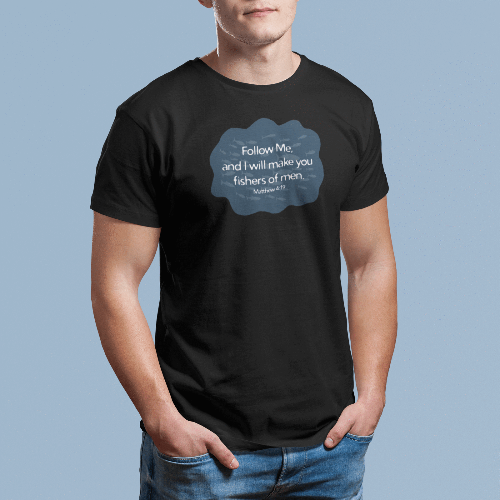 Man wearing a black t-shirt with a fishers of men graphic with a blue background